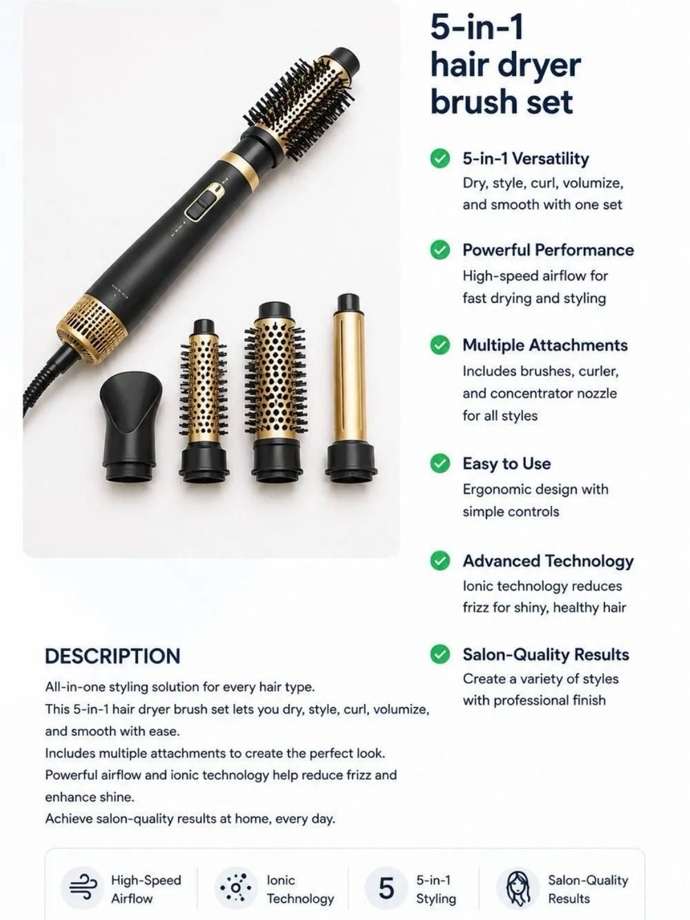 5-in-1 Black & Gold Hair Dryer Brush Set - Multi-Attachment Styler